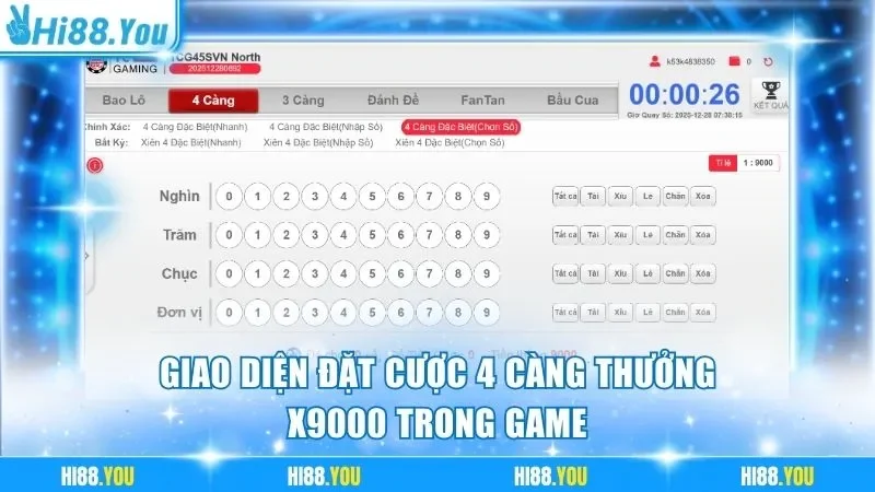 Giao diện đặt cược 4 càng thưởng x9000 trong game